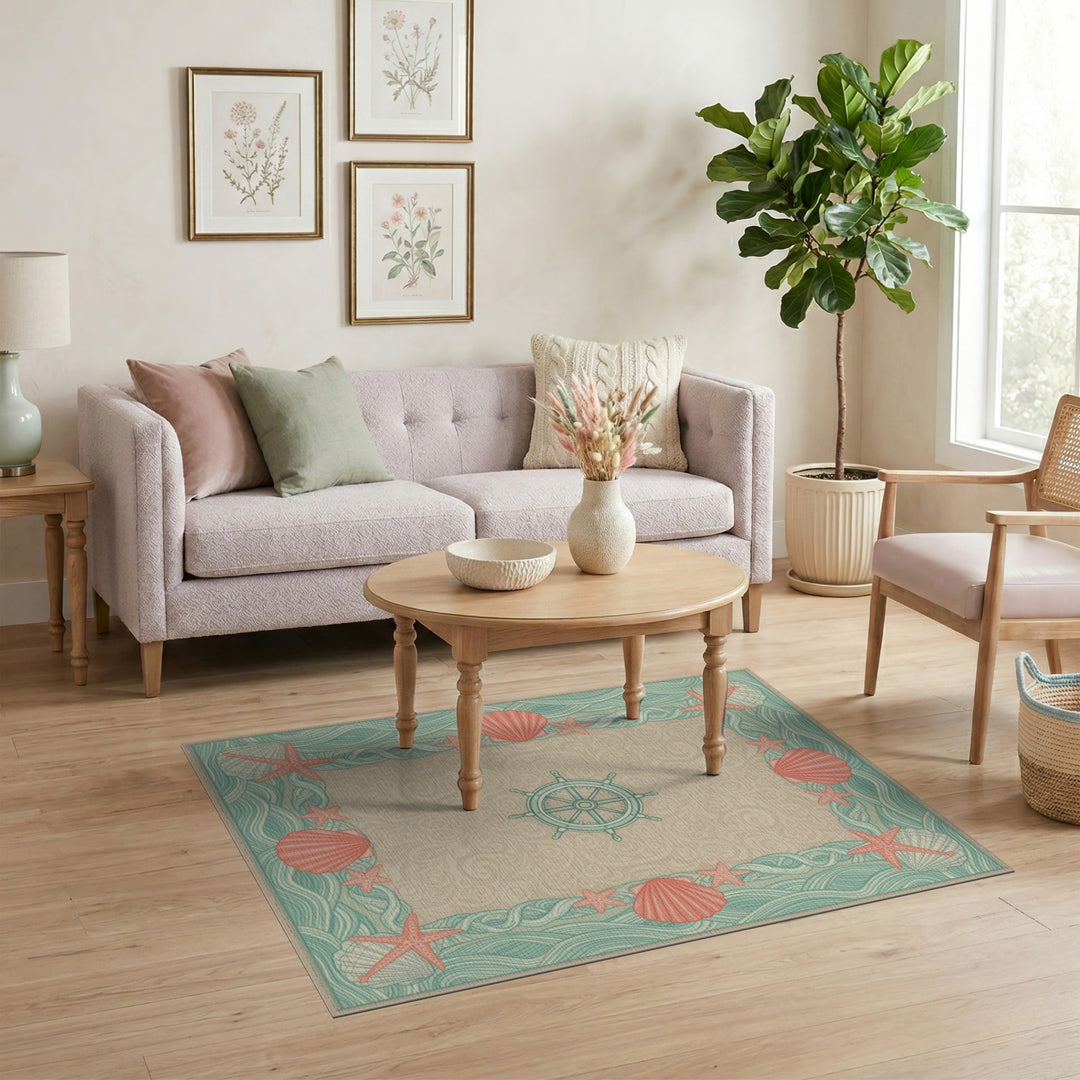 Teal Coastal Seashell and Starfish Area Rug