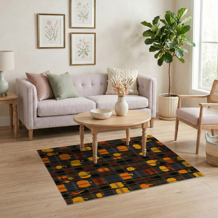 Orange Rustic Farmhouse Orange Pumpkin Plaid Washable Area Rug
