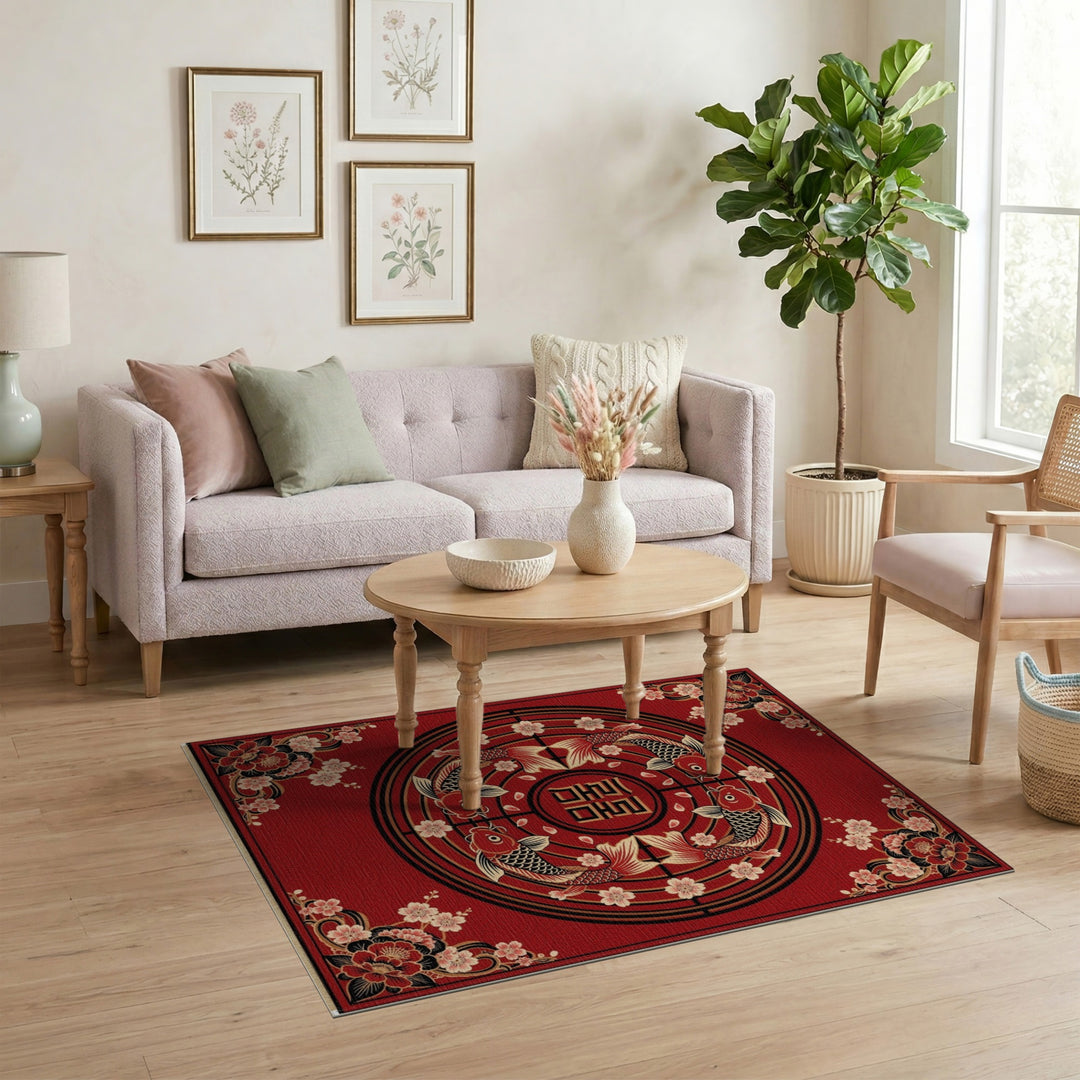 Red Koi Fish Cherry Blossom Area Rug
