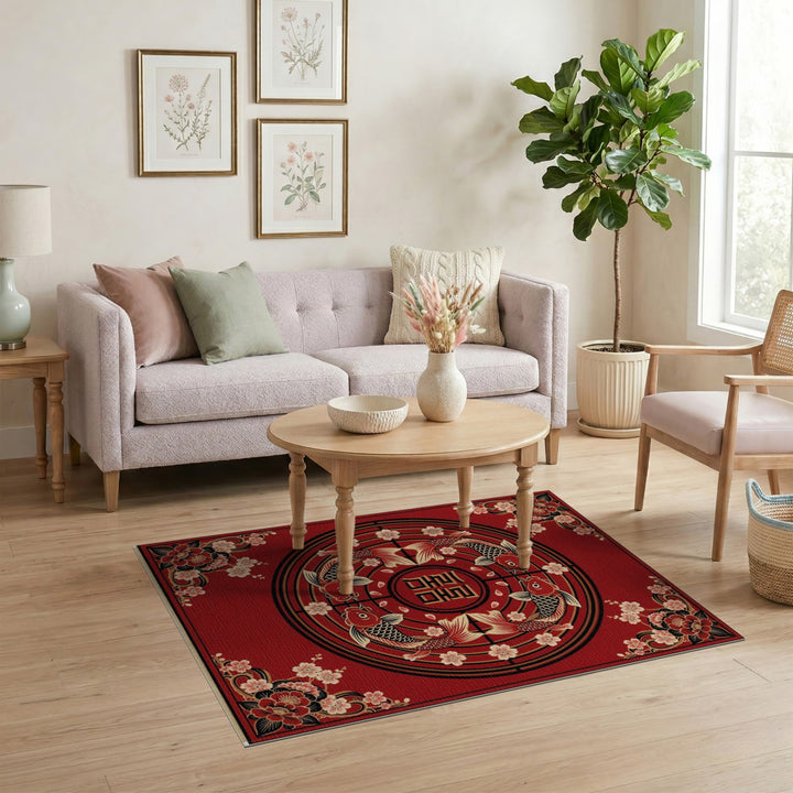 Red Koi Fish Cherry Blossom Area Rug