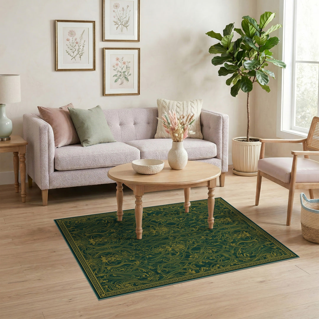 Green Ornate Green Gold Floral Vintage Area Rug