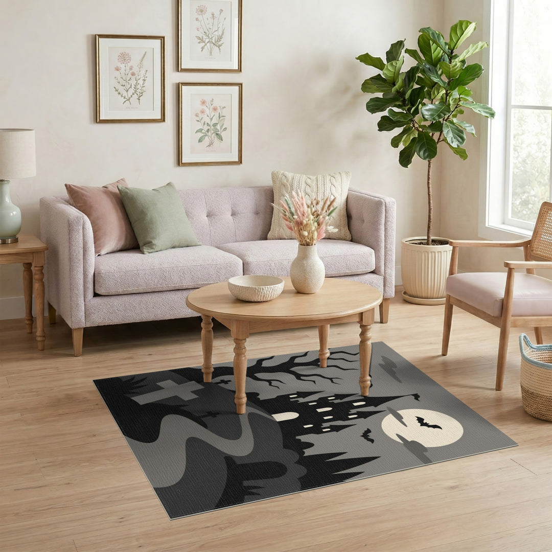 Black and White Spooky Haunted Castle Halloween Area Rug