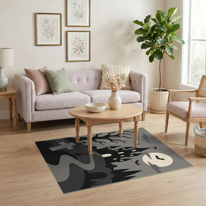 Black and White Spooky Haunted Castle Halloween Area Rug