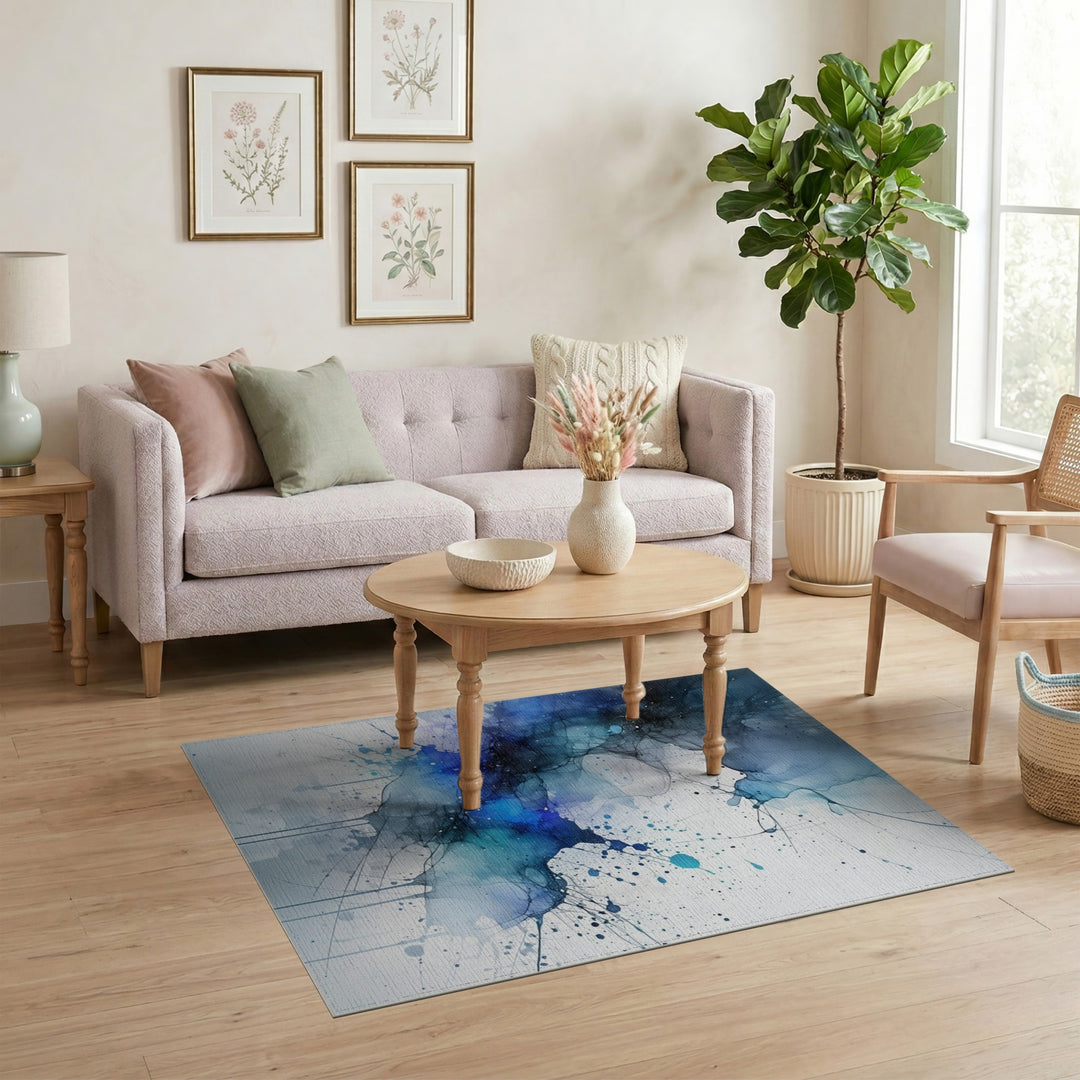 Blue Teal Abstract Ink Area Rug