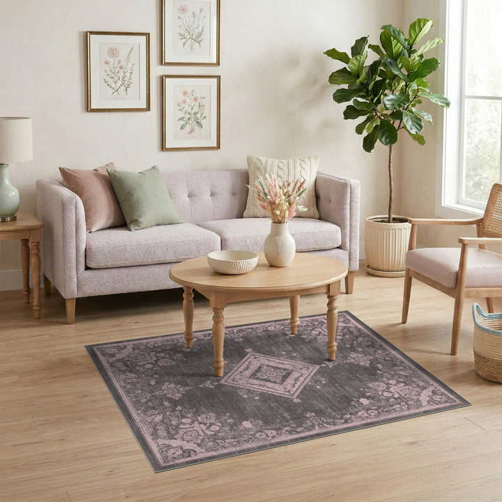 Grey Distressed Vintage Floral Diamond Area Rug