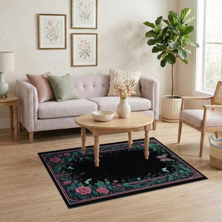 Pink Rose Butterfly Floral Vintage Area Rug
