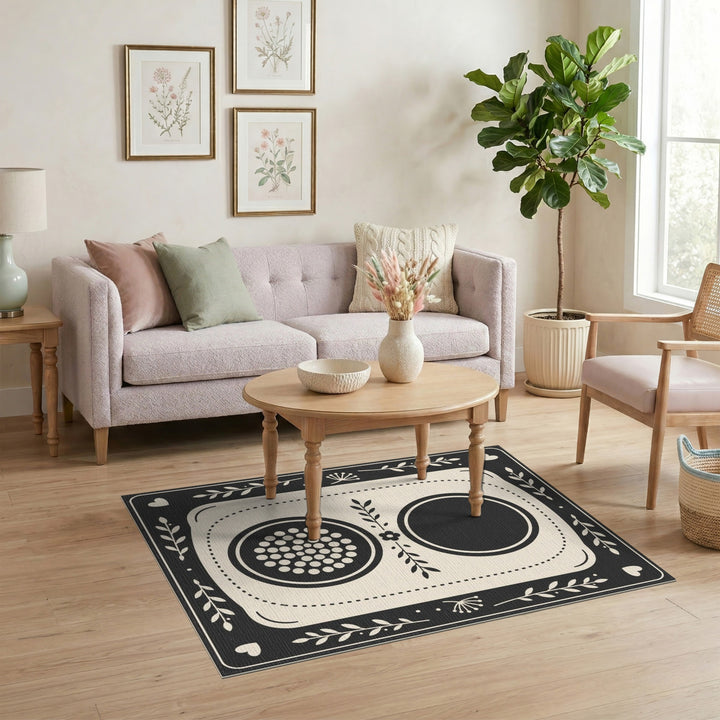 Black White Geometric Floral Area Rug