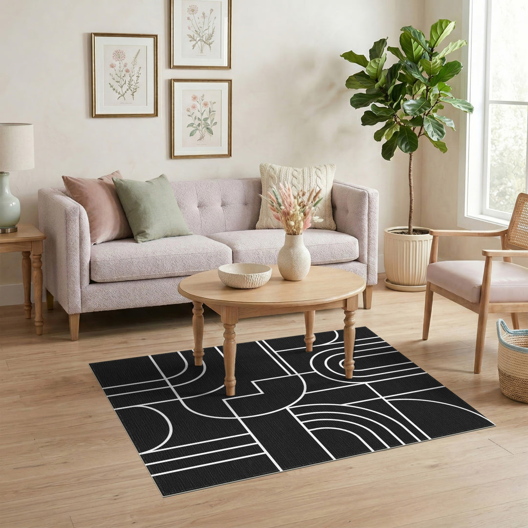 Black White Geometric Abstract Area Rug