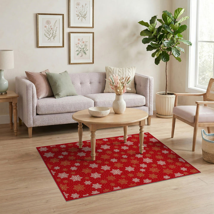Red Snowflake Geometric Area Rug