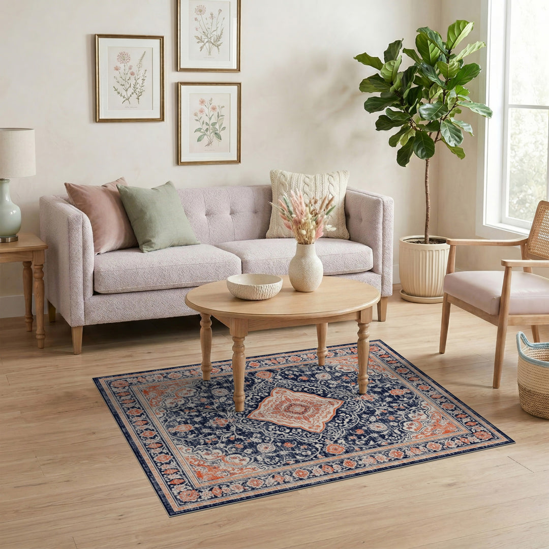 Navy Blue Distressed Vintage Medallion Area Rug