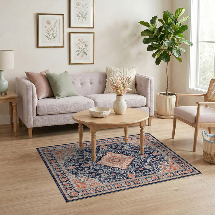 Navy Blue Distressed Vintage Medallion Area Rug