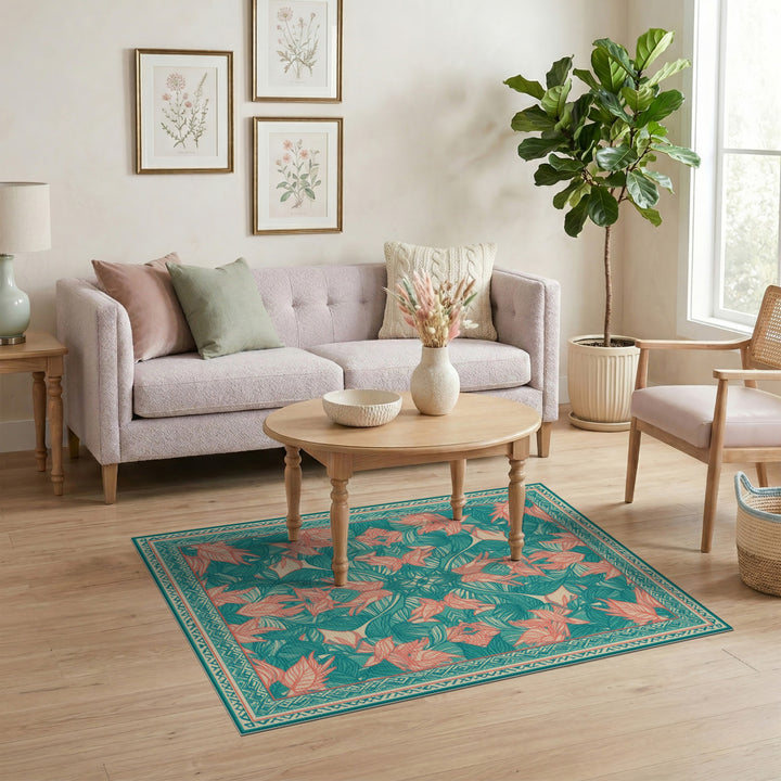 Teal Coral Leaf Botanical Area Rug