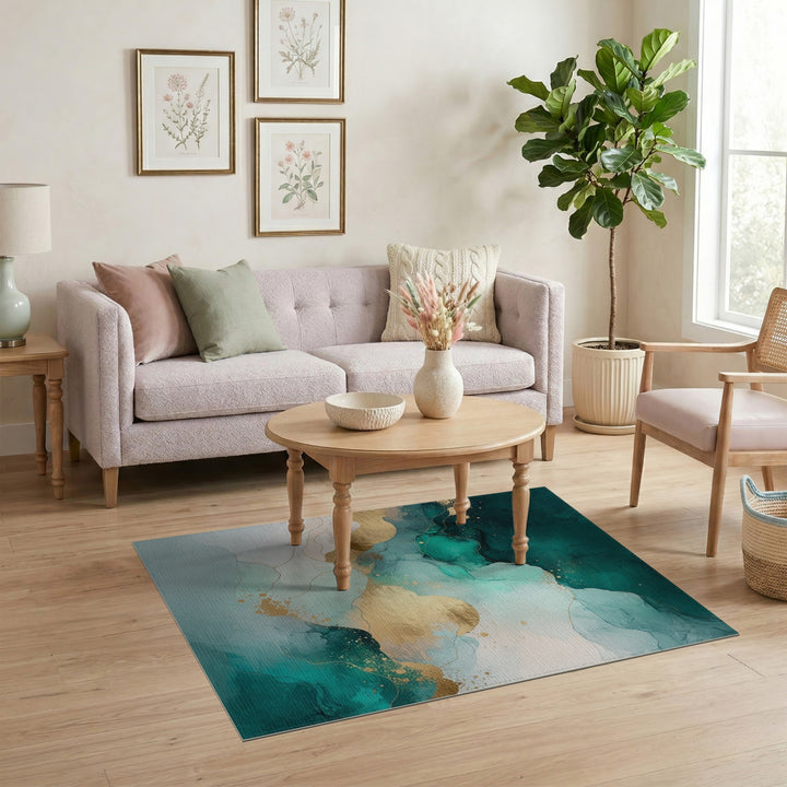 Teal and Gold Abstract Wave Area Rug