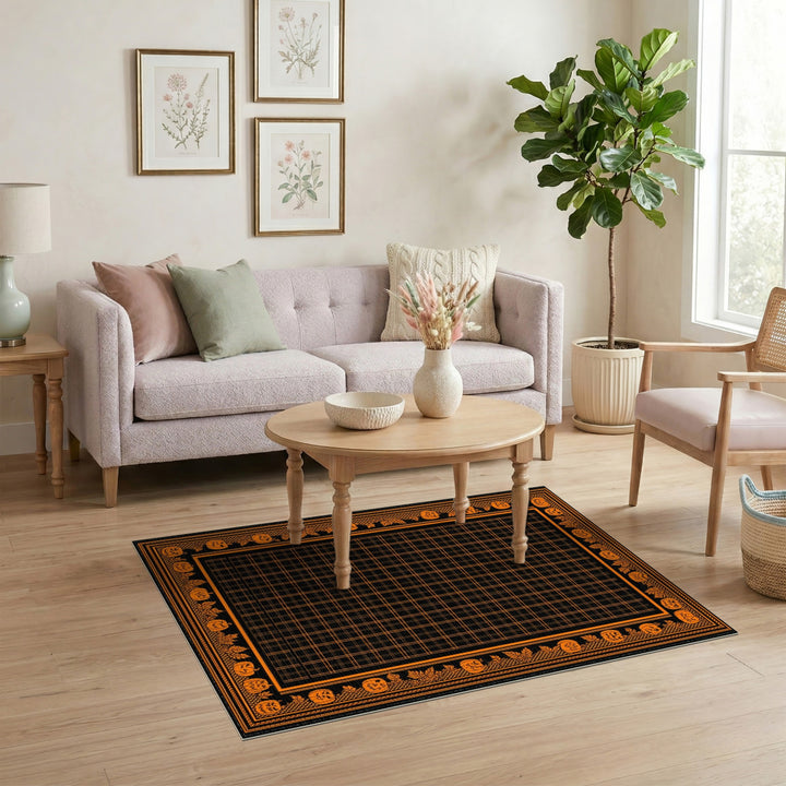 Orange Pumpkin Halloween Grid Area Rug