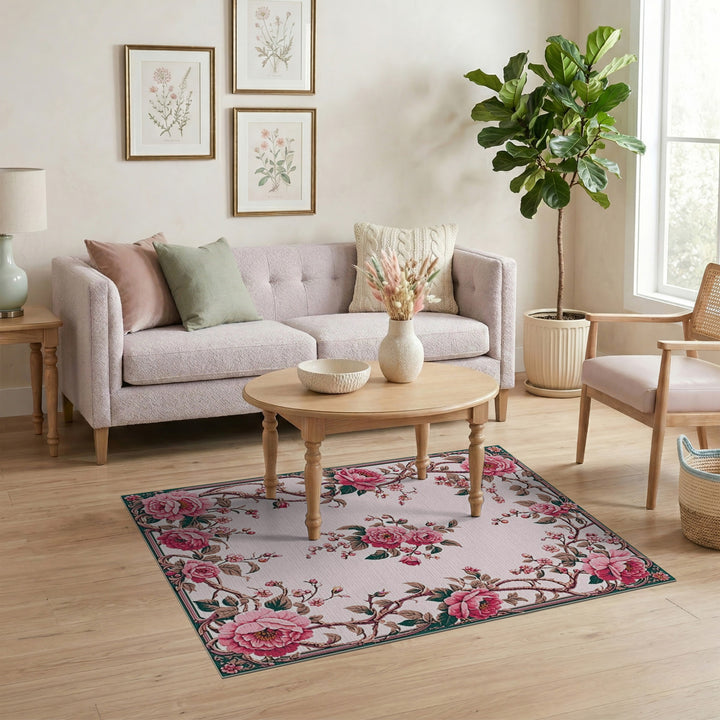 Pink Rose Floral Vintage Washable Area Rug