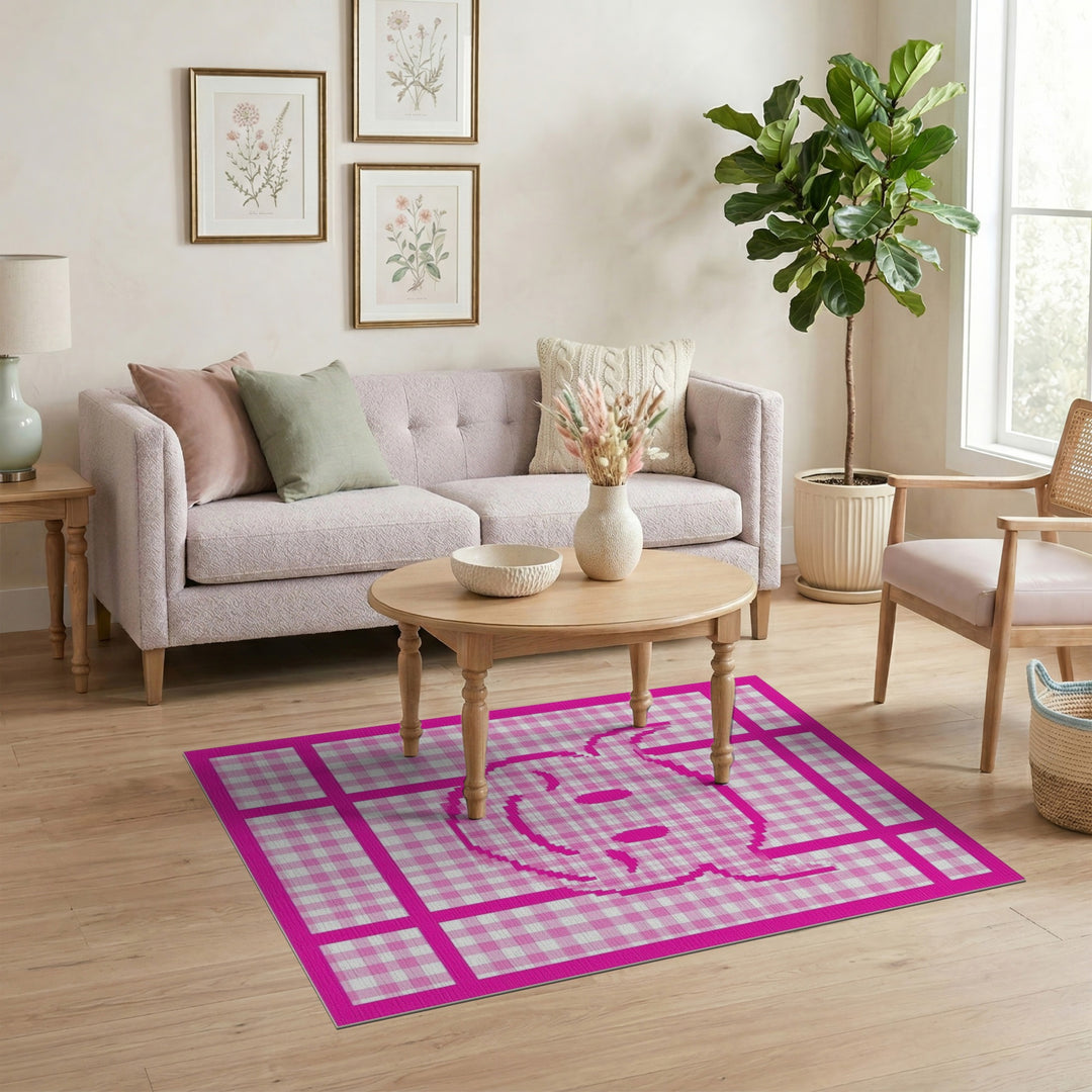 Pink Devil Smiley Checkered Kids Area Rug