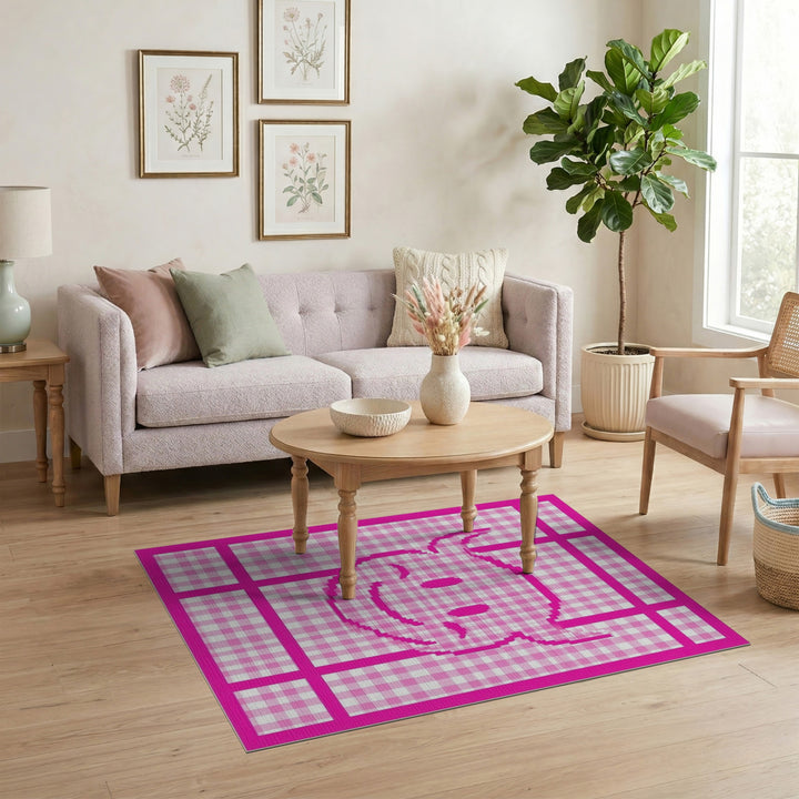 Pink Devil Smiley Checkered Kids Area Rug