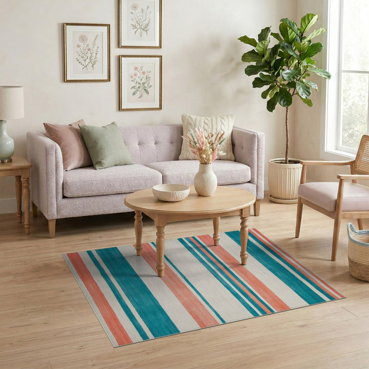 Teal Coral Striped Geometric Area Rug