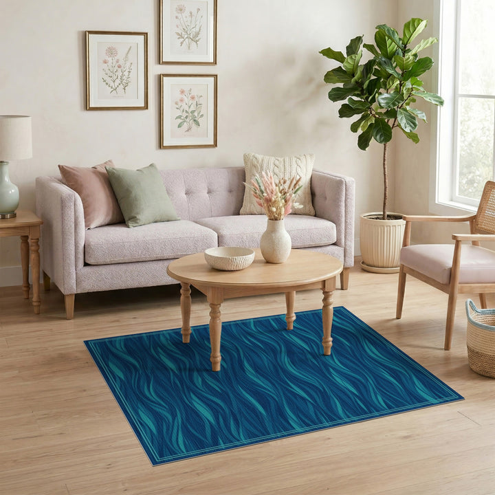 Blue Teal Ocean Wave Washable Area Rug