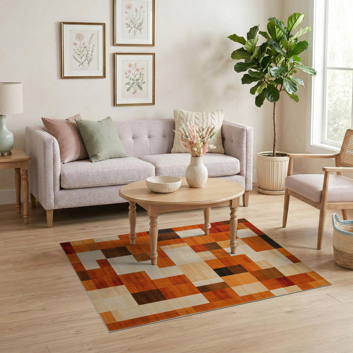 Warm Orange Geometric Block Area Rug
