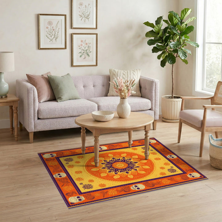 Vibrant Orange Mandala Skull Boho Rug