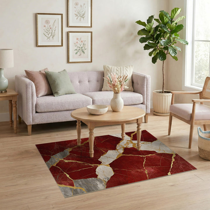 Red Marble Gold Vein Red Area Rug