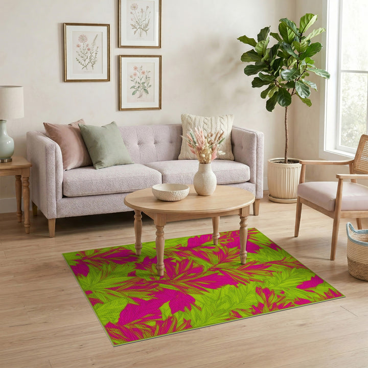 Bold Pink and Lime Leaf Area Rug
