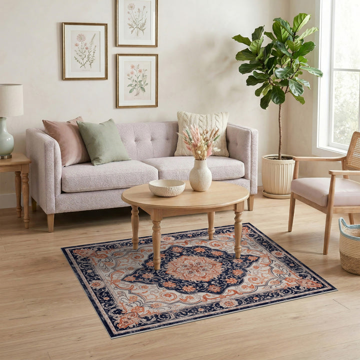 Navy Blue Coral Persian Medallion Area Rug