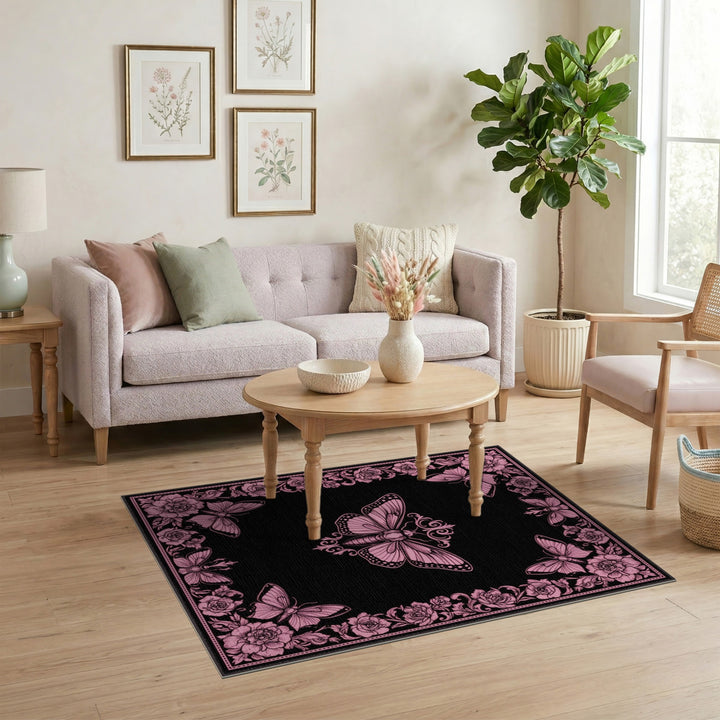 Pink Butterfly Vintage Floral Area Rug