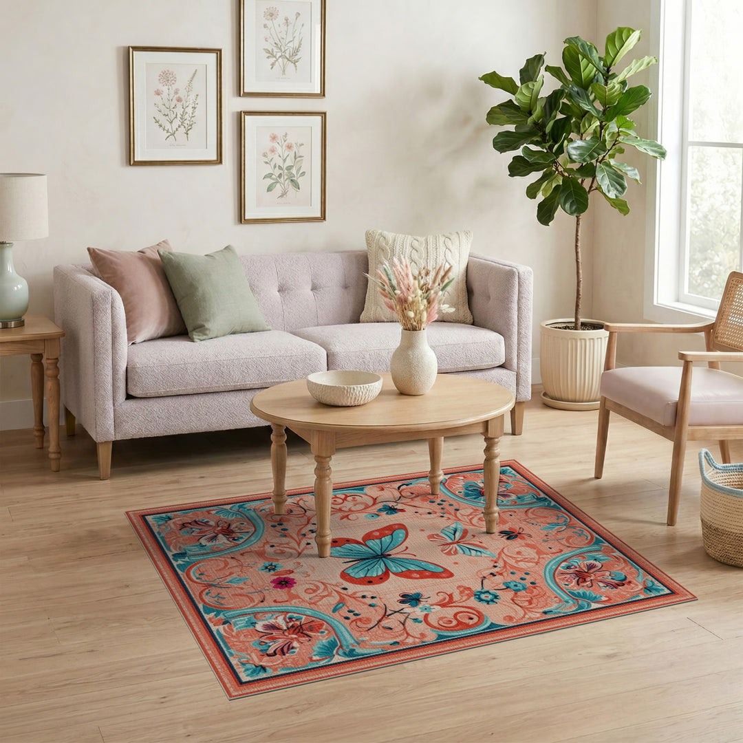Blue Teal Butterfly Floral Vintage Area Rug