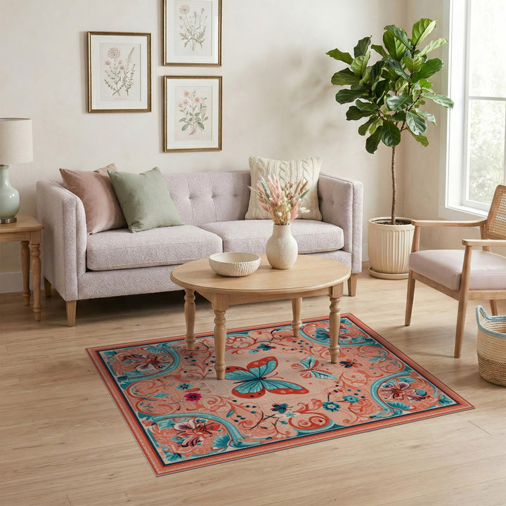 Blue Teal Butterfly Floral Vintage Area Rug