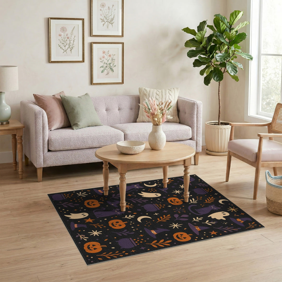 Spooky Halloween Witch Cat Pumpkin Area Rug