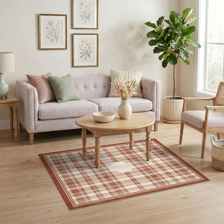Brown Plaid Area Rug with Ivory Center Motif
