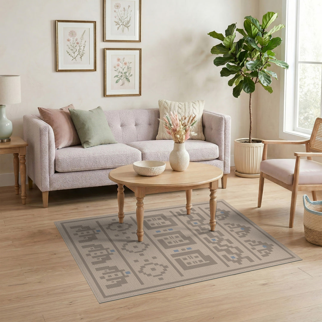 Beige Geometric Area Rug with Blue Accents