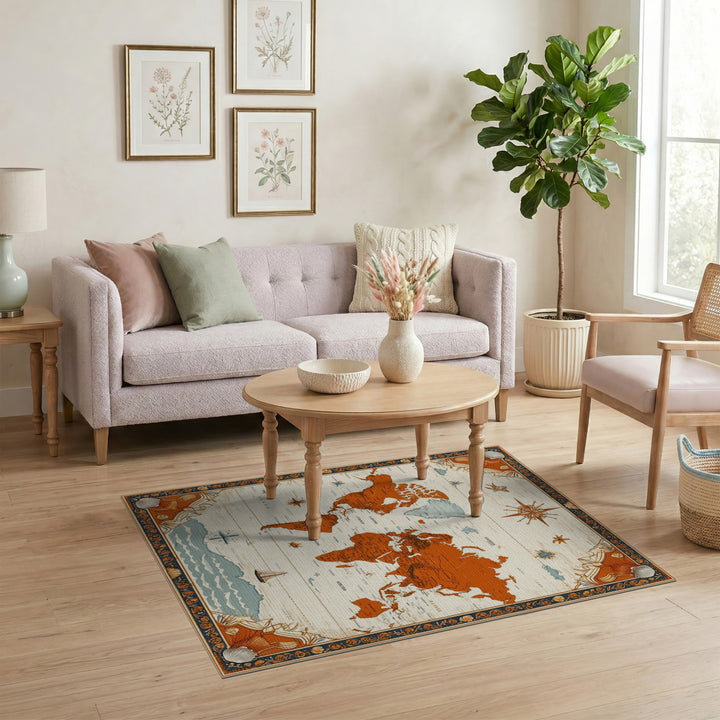 Vintage Orange World Map Area Rug
