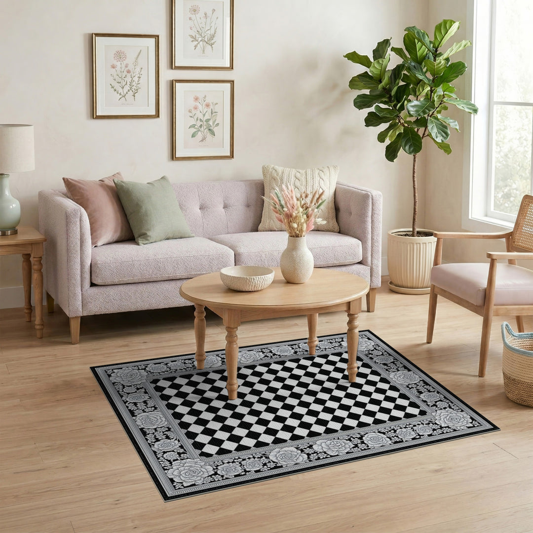 Black White Rose Floral Checkered Area Rug