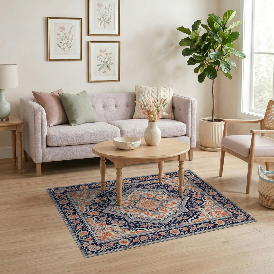 Navy Orange Traditional Persian Area Rug
