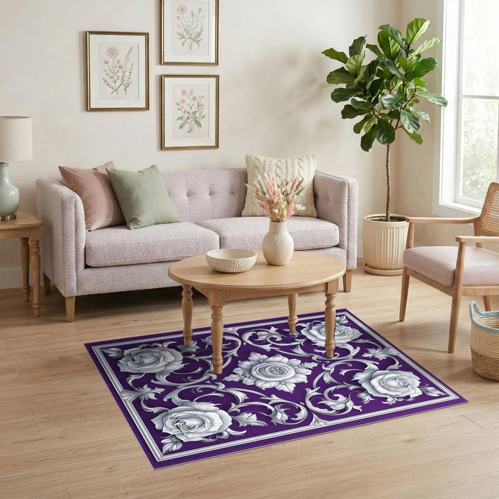 Purple Rose Scroll Floral Area Rug