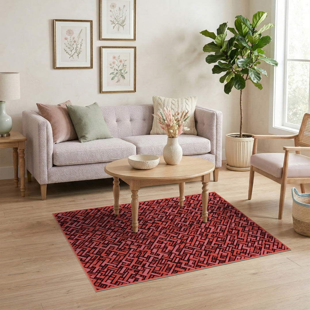 Maze Red Geometric Maze Area Rug