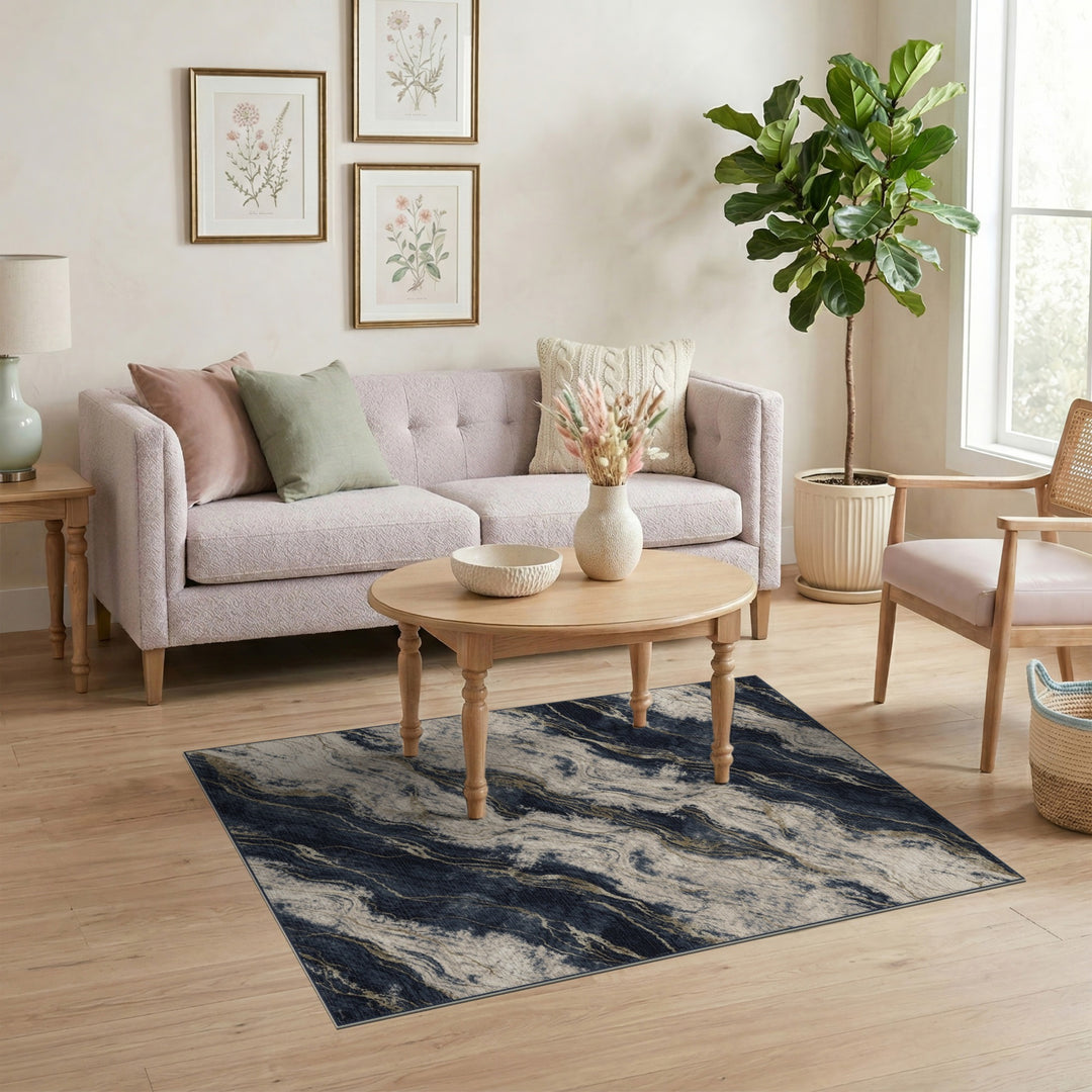 Navy Gold Marble Abstract Area Rug