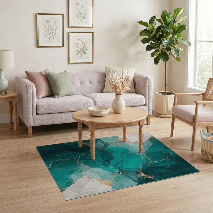 Blue and Teal Abstract Area Teal Gold Marble Abstract Area Rug
