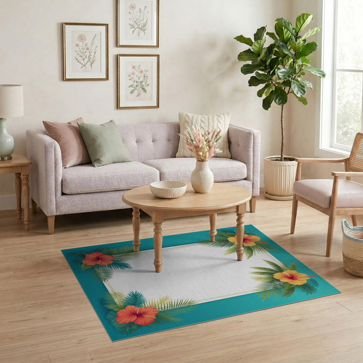Hibiscus Palm Teal Border Area Rug