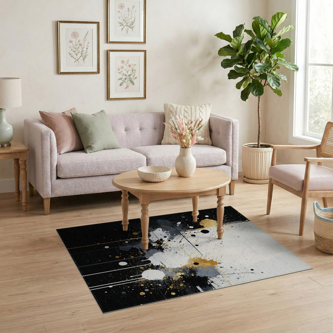 Black Gold Abstract Splatter Area Rug