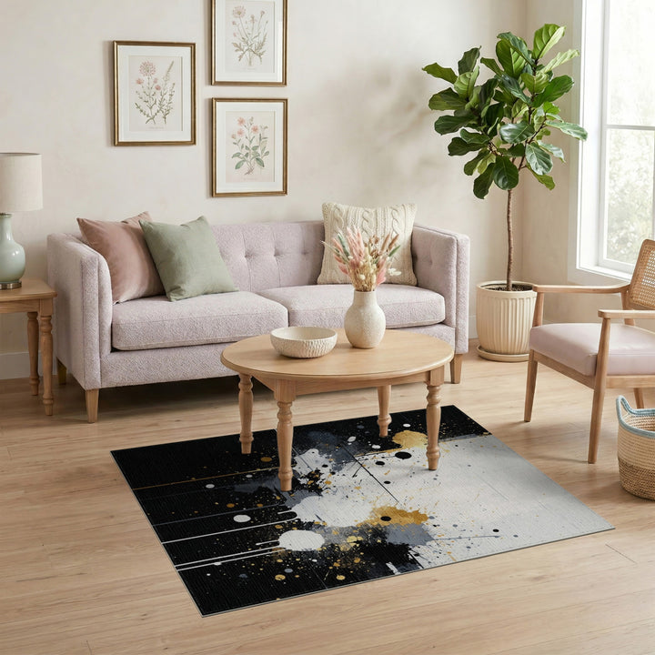 Black Gold Abstract Splatter Area Rug