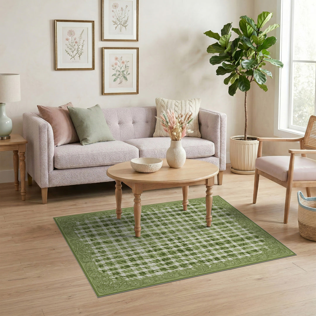 Distressed Vintage Green Checkered Distressed Vintage Area Rug