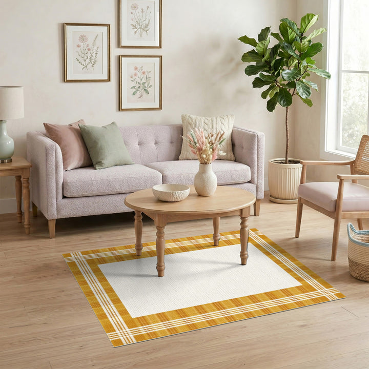 Yellow Plaid Border Washable Area Rug