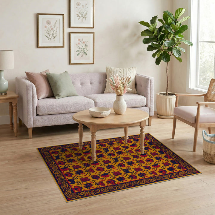 Vibrant Yellow Elephant Tribal Area Rug