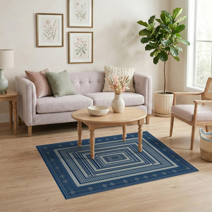 Blue and Teal Blue Concentric Geometric Area Rug