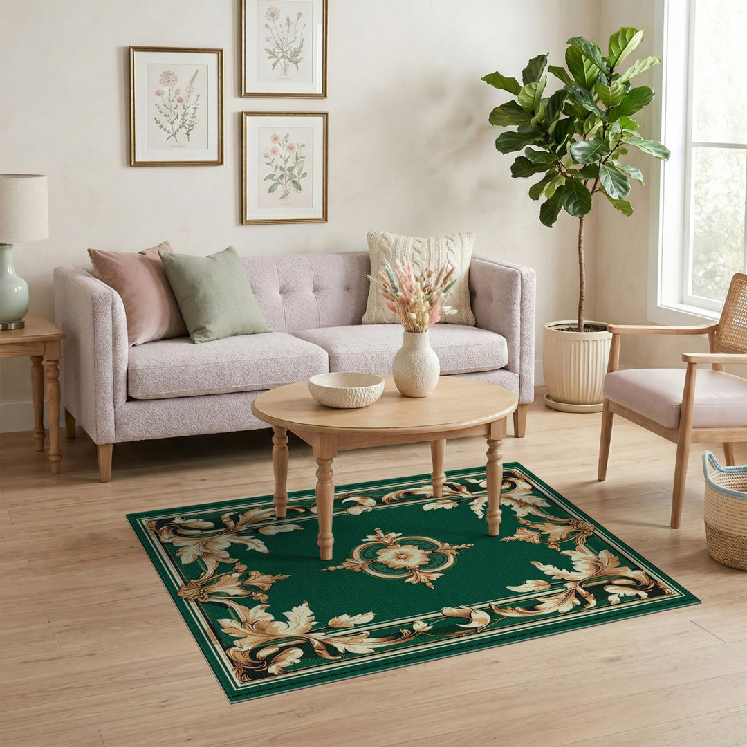 Ornate Gold Floral Medallion Green Area Rug