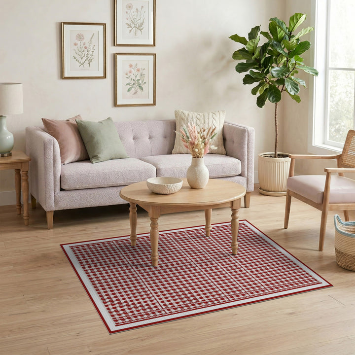 Red Houndstooth Washable Area Rug